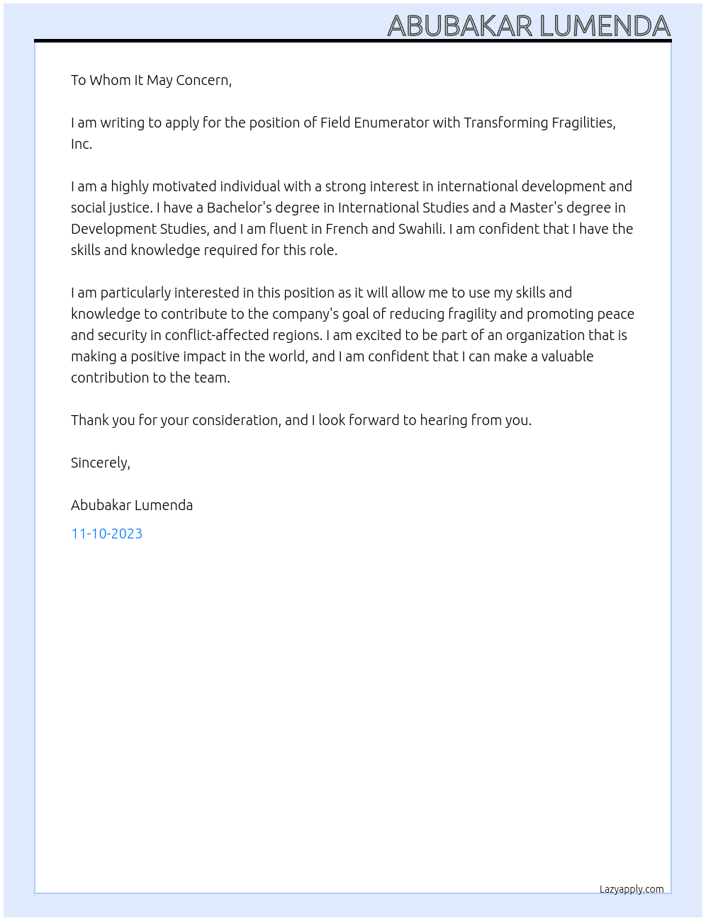 Field Enumerator At Transforming Fragilities, Inc. Cover Letter