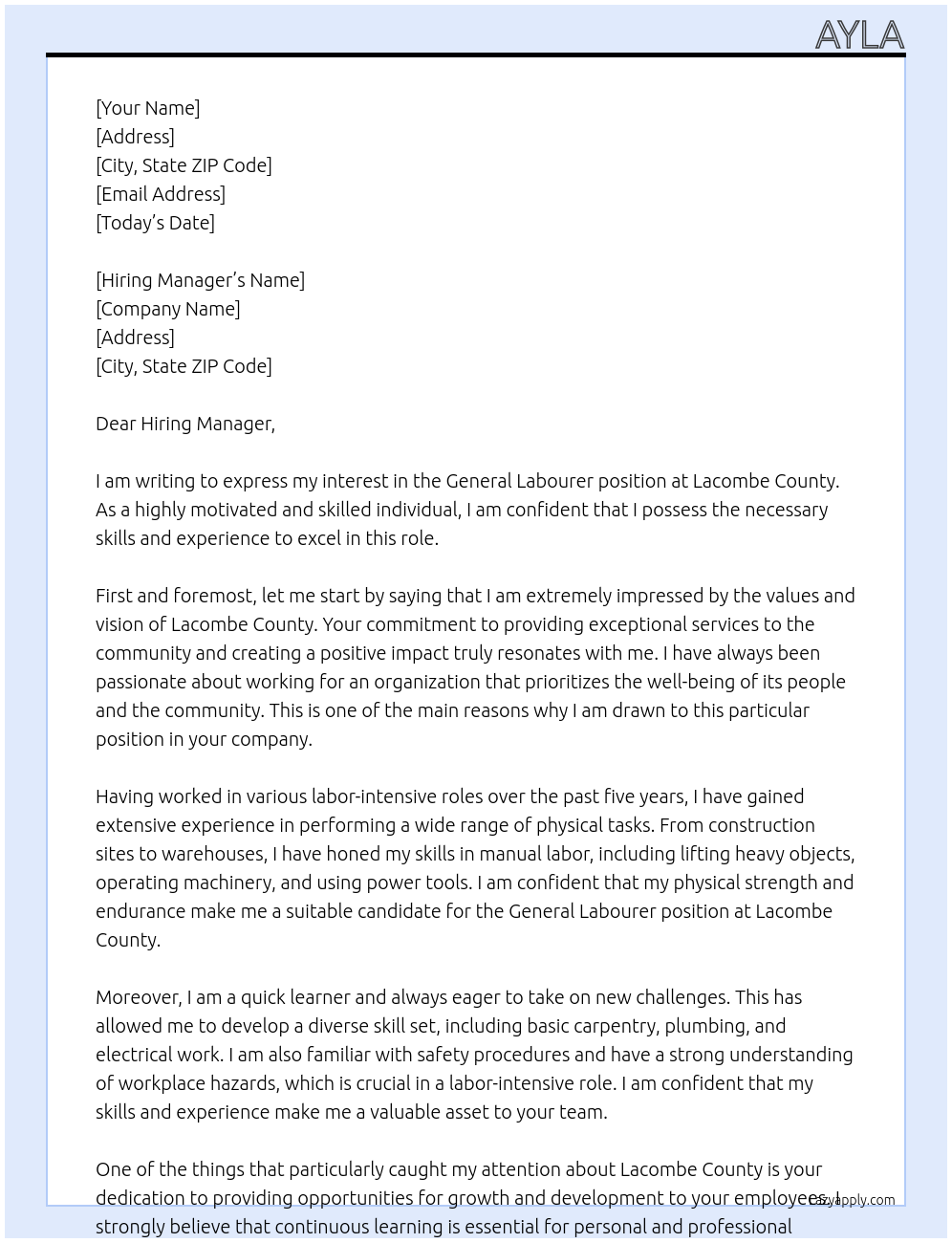 General Labourer At Lacombe County Cover Letter