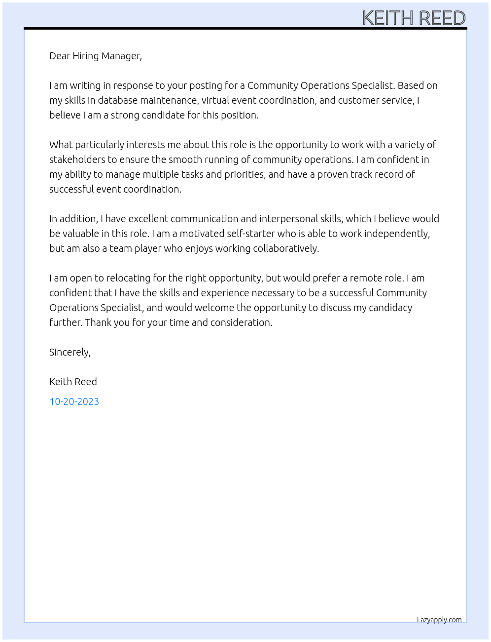 Community Operations Specialist At Alma Cover Letter