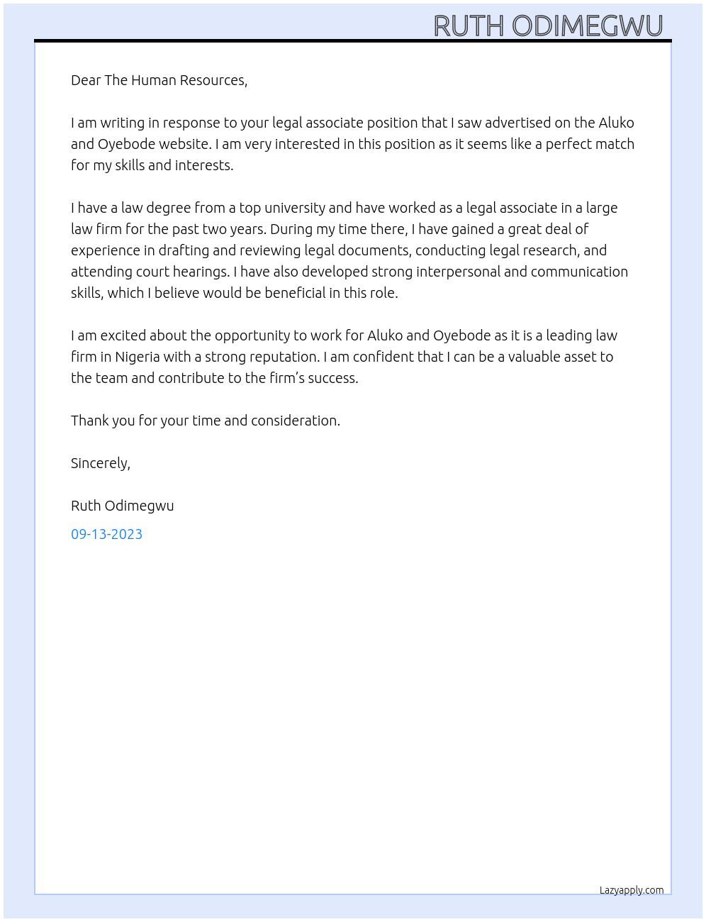 Legal Associate At Aluko and Oyebode Cover Letter