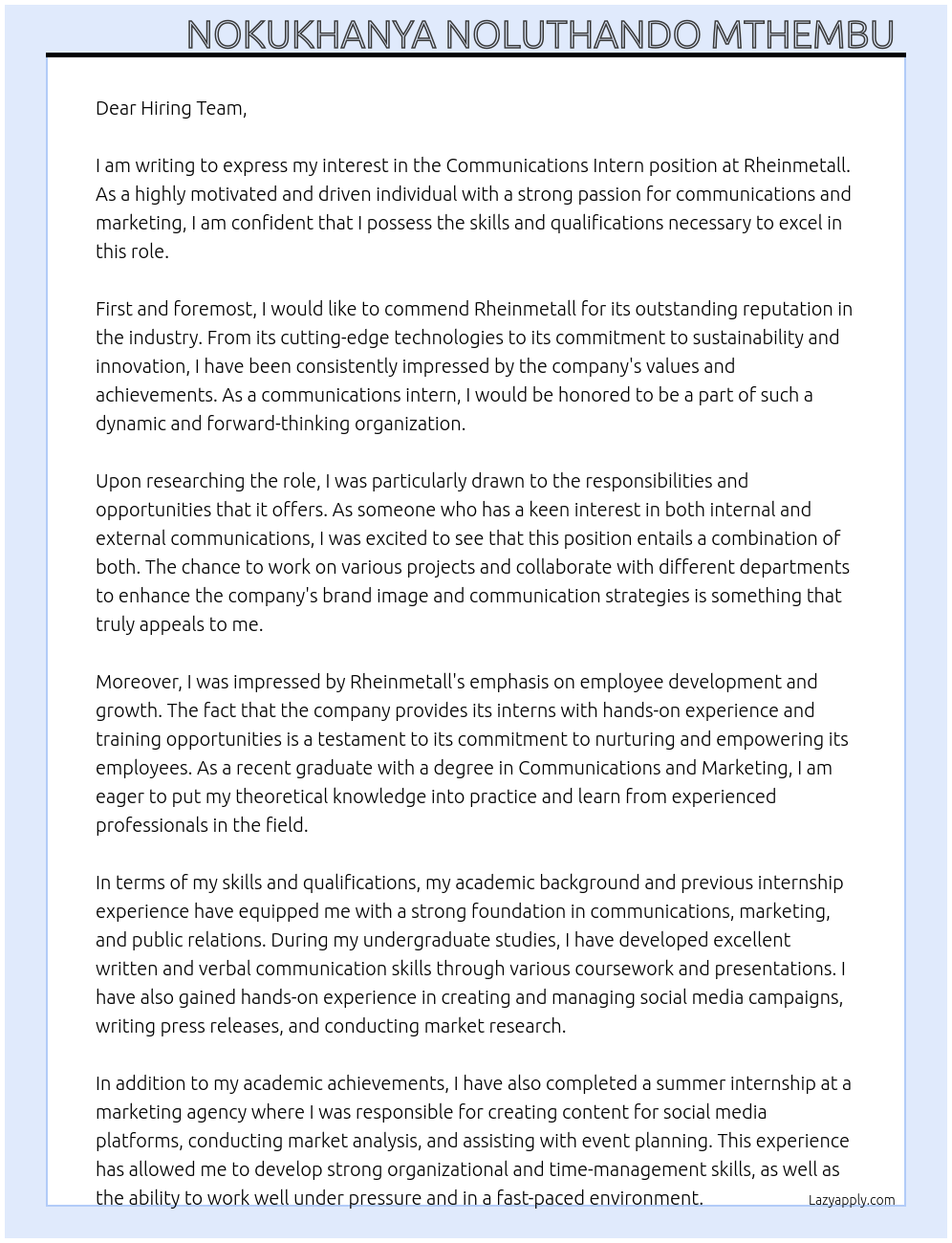 Communications Intern At Rheinmetall Cover Letter