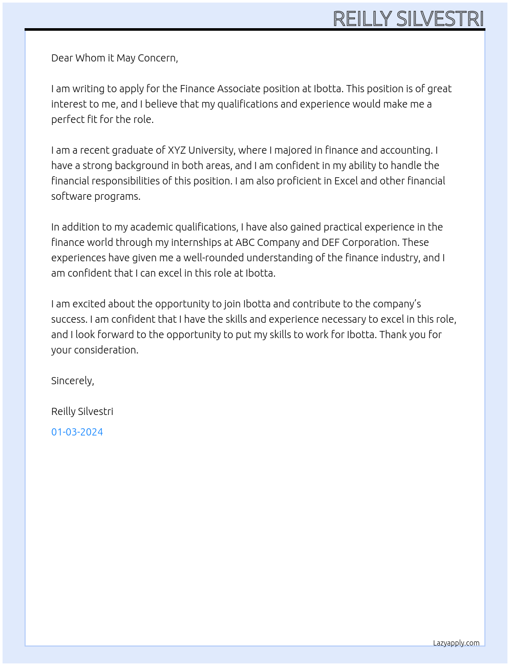 Finance Associate At Ibotta Cover Letter