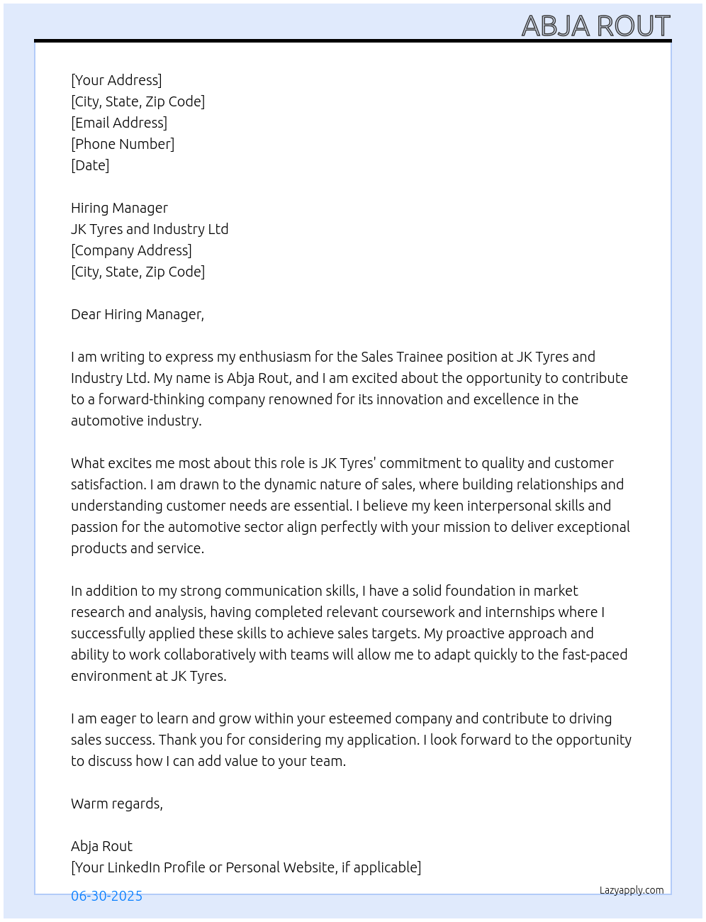 Cover letter for sales trainee - LazyApply