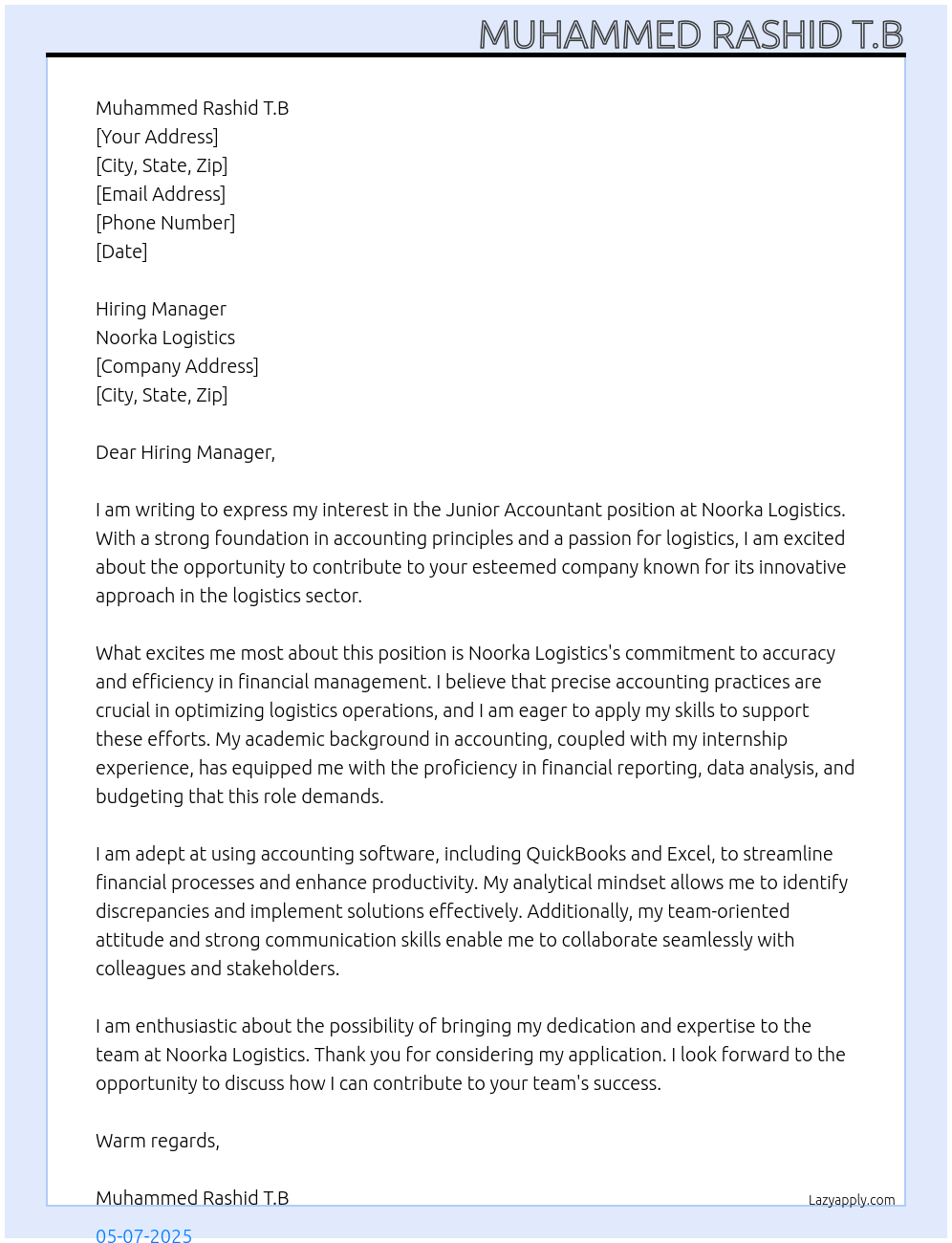 Junior accountant At Noorka Logistics Cover Letter
