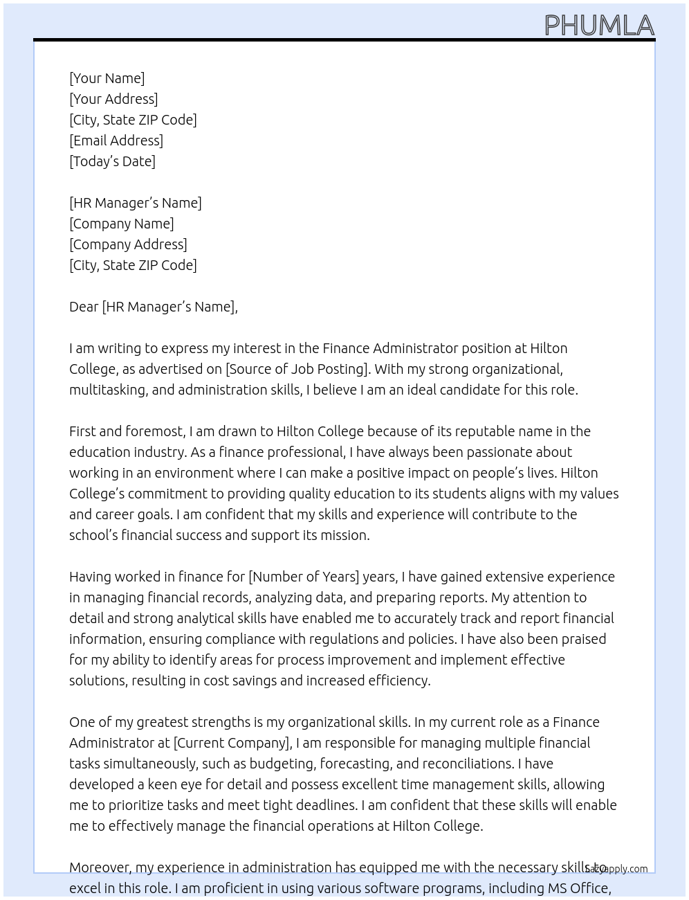 Finance Administrator At Hilton College Cover Letter