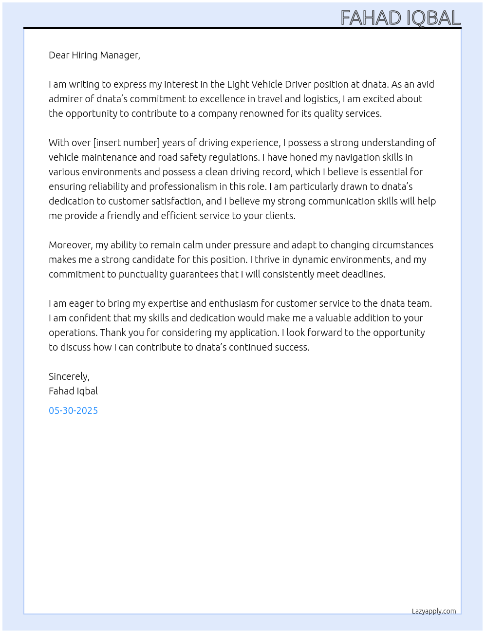 Light vehicle Driver At dnata Cover Letter