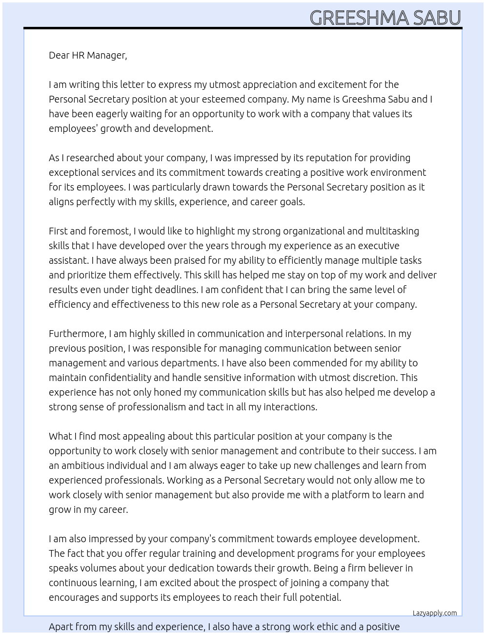 Personal Secretary At 0 Cover Letter