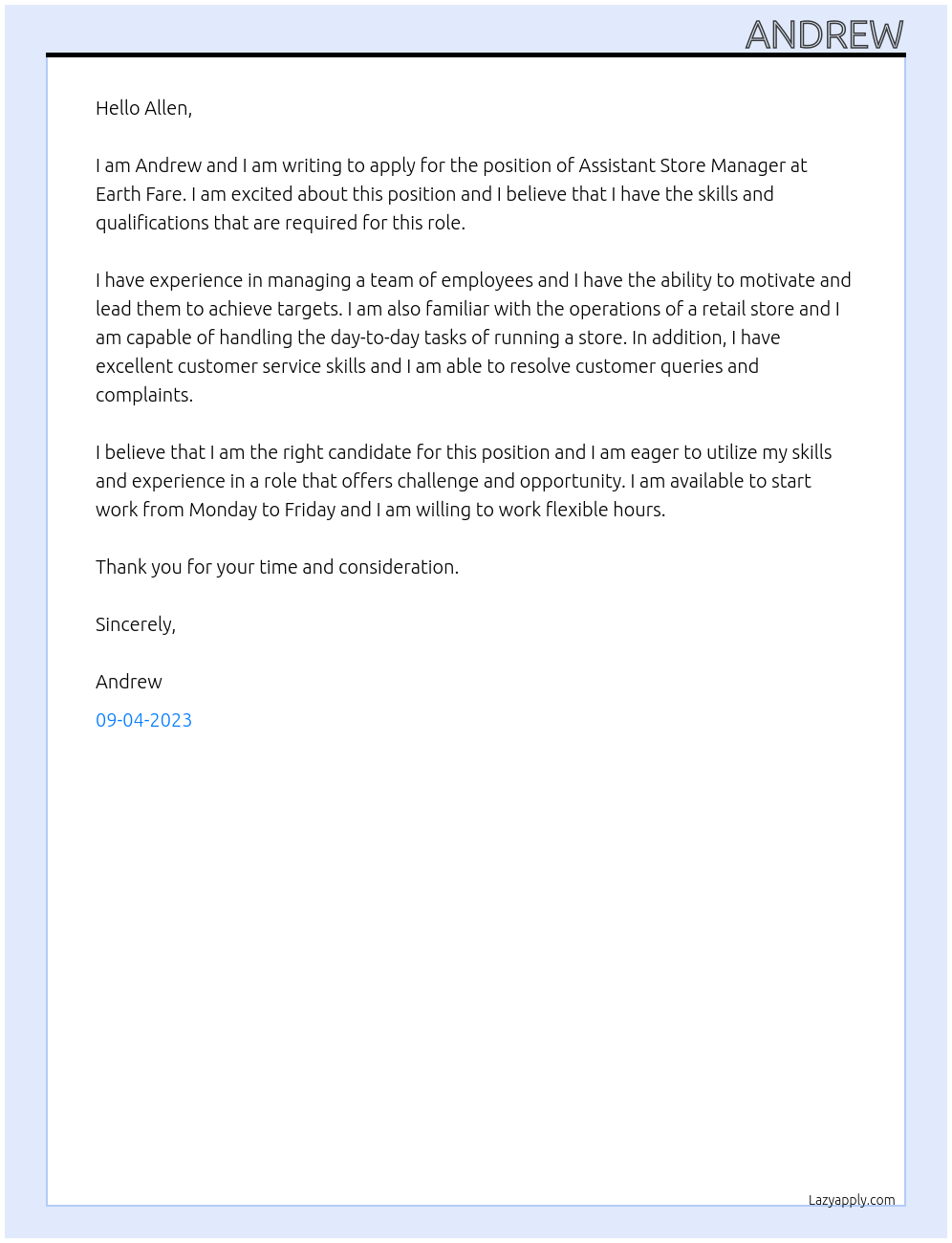 Assistant Store Manager At Earth Fare Cover Letter