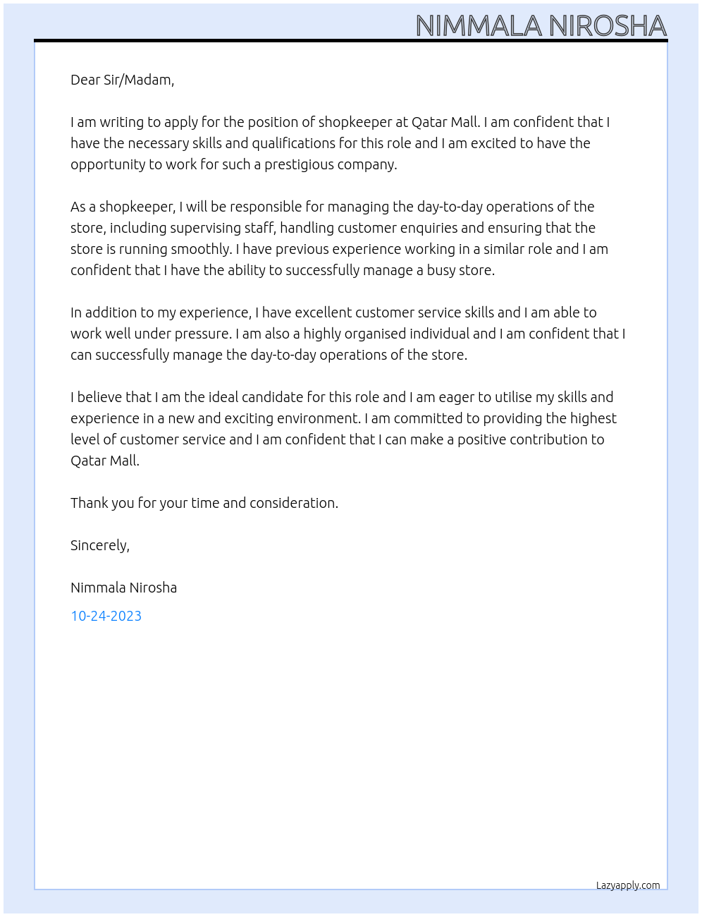 Shopkeeper At Qatar Mall Cover Letter