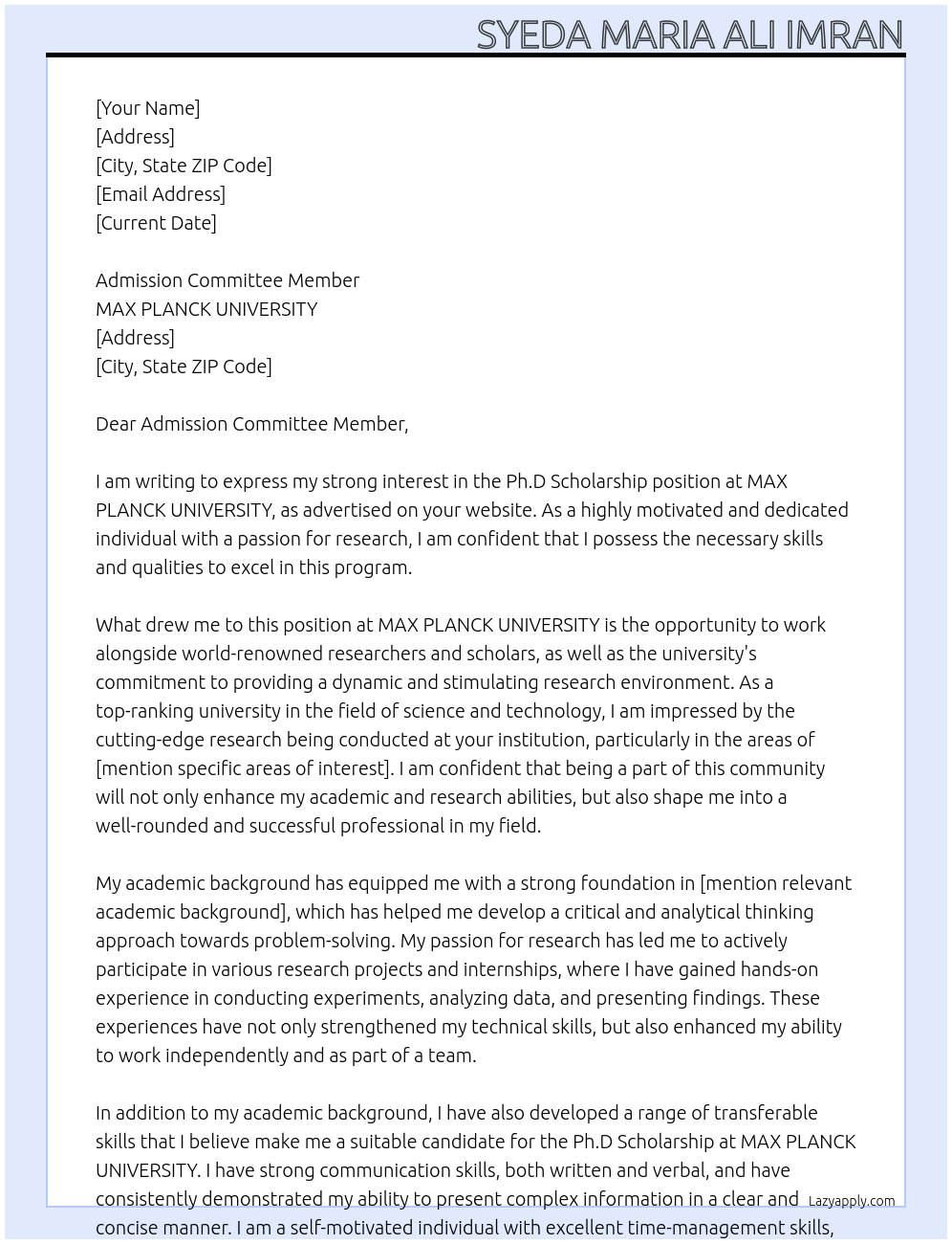 Ph.D Scholarship At MAX PLANCK UNIVERSITY Cover Letter