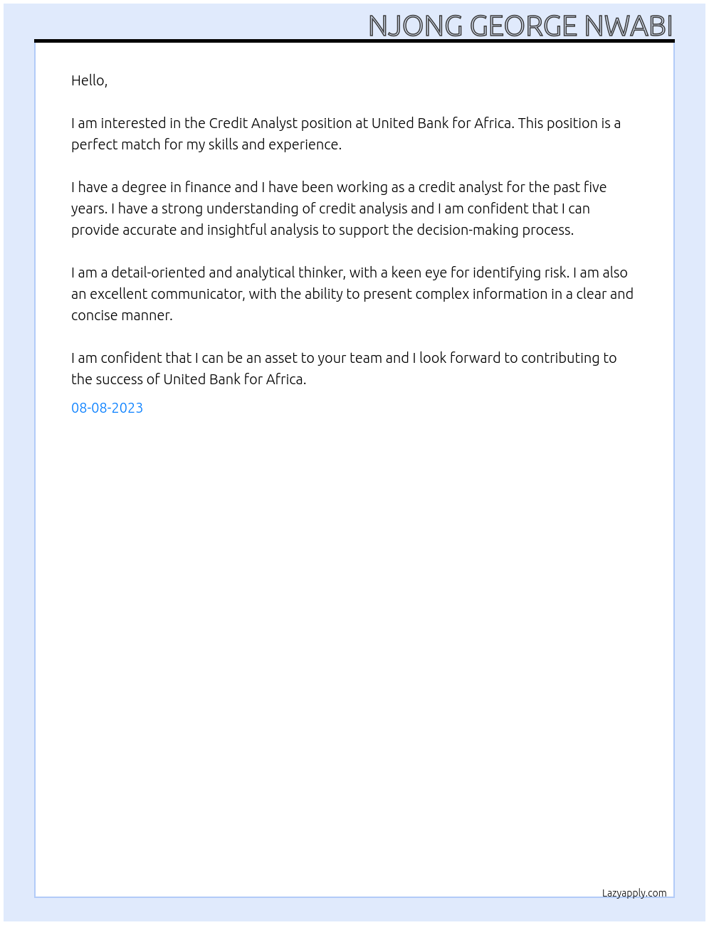 Credit Analyst At UNITED BANK FOR AFRICA Cover Letter