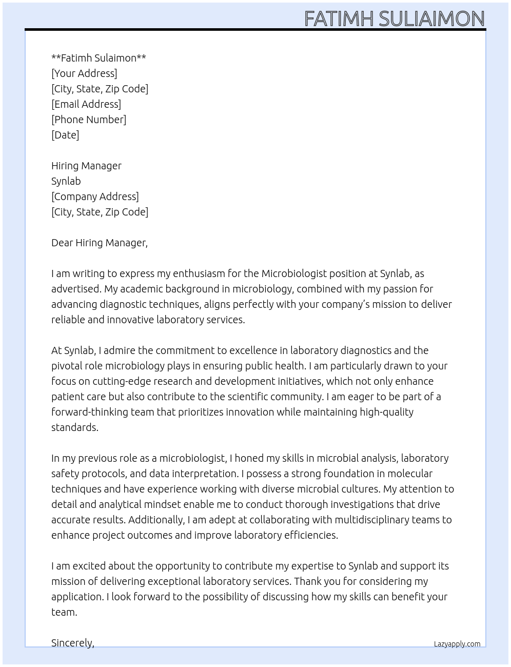 Cover letter for microbiologist - LazyApply