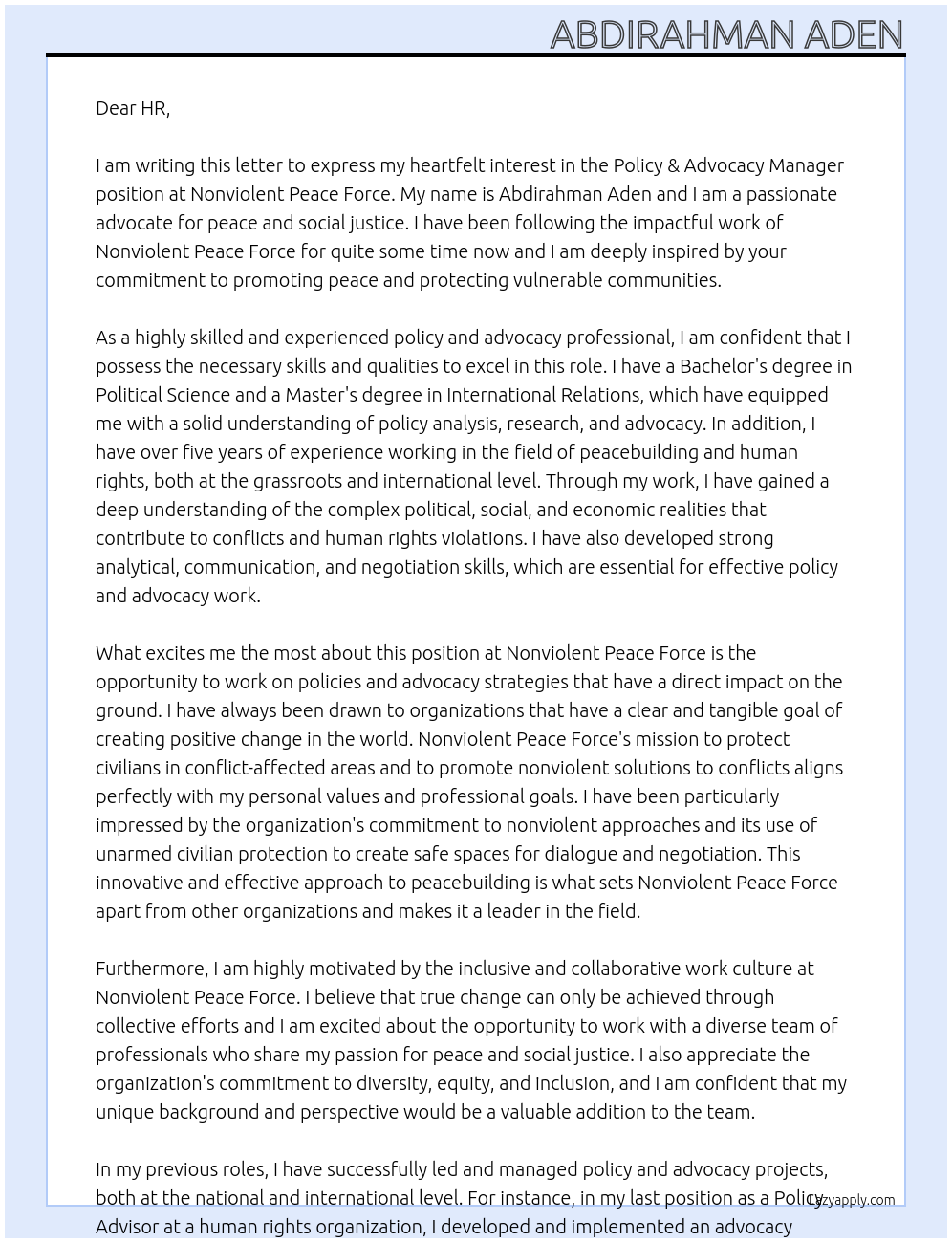 policy & advocacy manager At nonviolent peace force Cover Letter