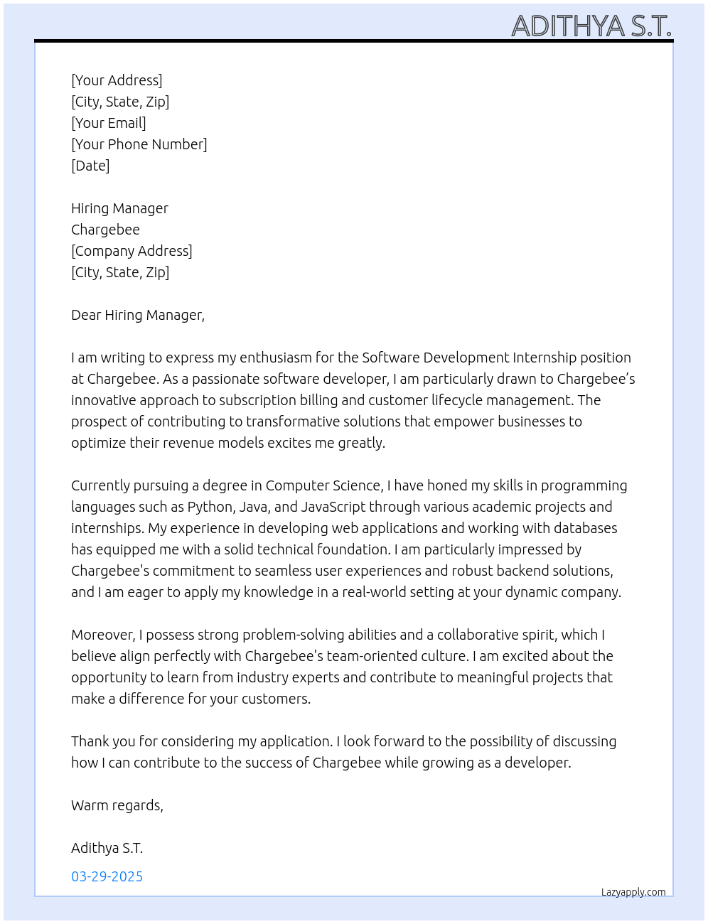 Cover letter for software development internship - LazyApply