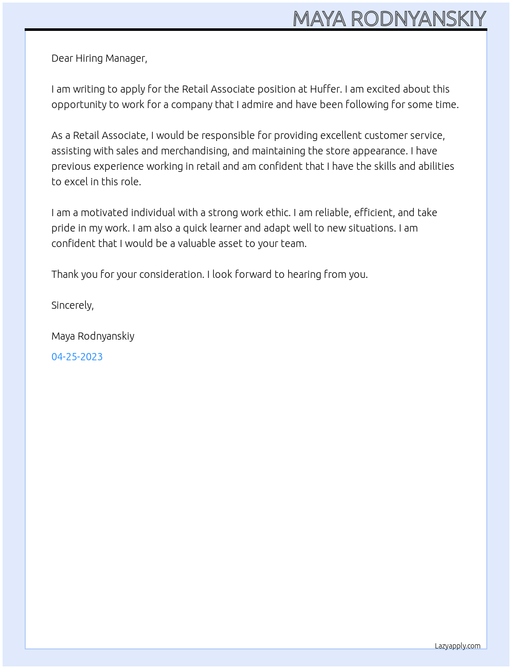 Retail Associate At Huffer Cover Letter