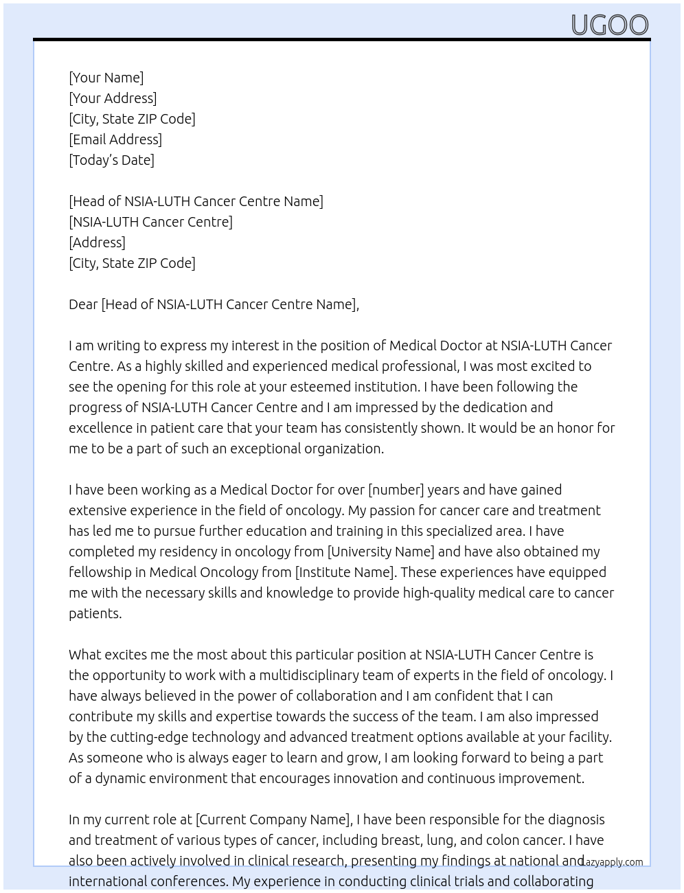 Medical doctor  At NSIA-LUTH Cancer Centre Cover Letter