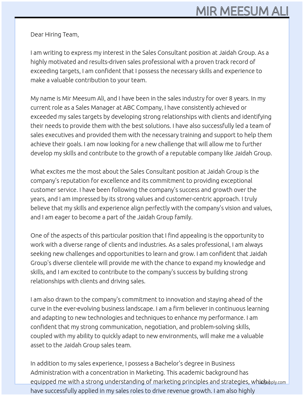 Sales Consultant At Jaidah Group Cover Letter