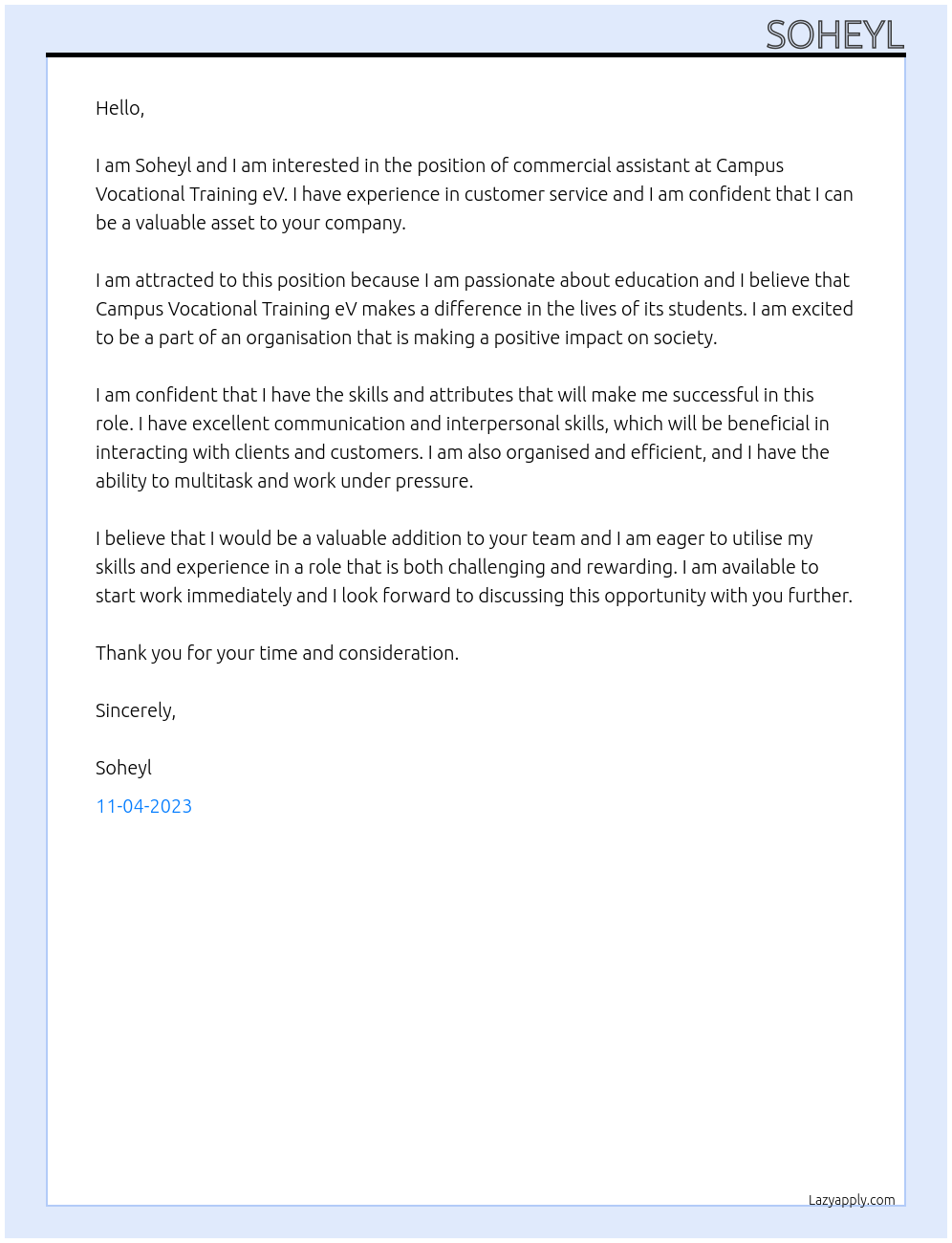 commercial assistant At Campus Vocational Training eV Cover Letter