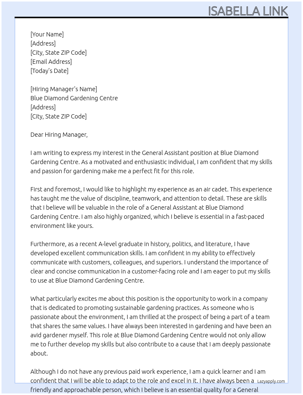 General Assistant At Blue Diamond Gardening Centre Cover Letter