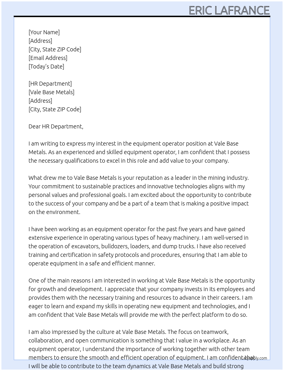 equipment operator At vale base metals Cover Letter