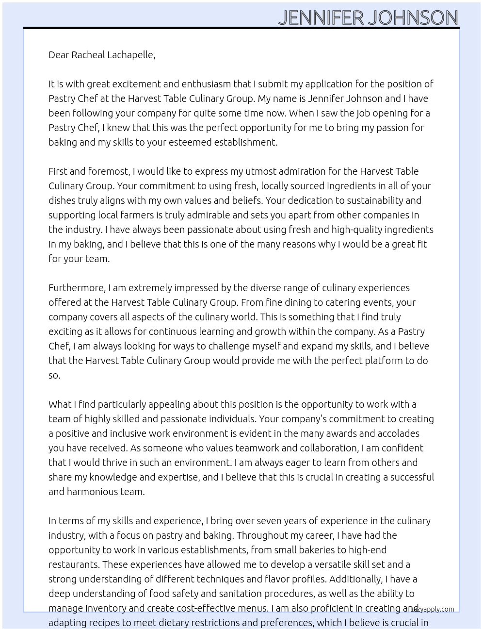 Pastry Chef At Harvest Table Culinary Group Cover Letter