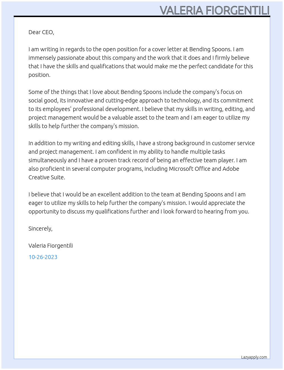 cover letter At bending spoons Cover Letter