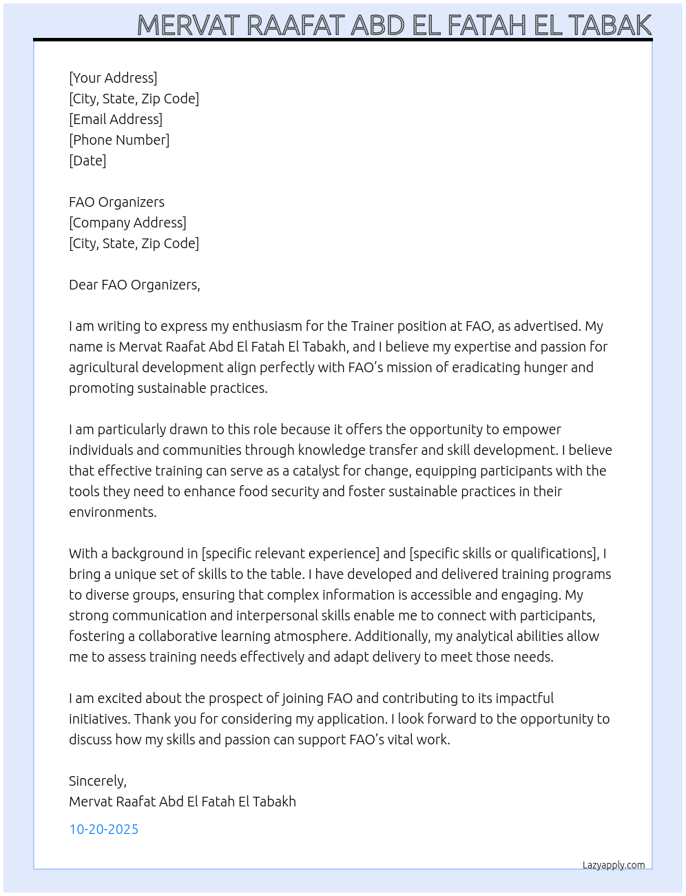 Trainer At FAO Cover Letter