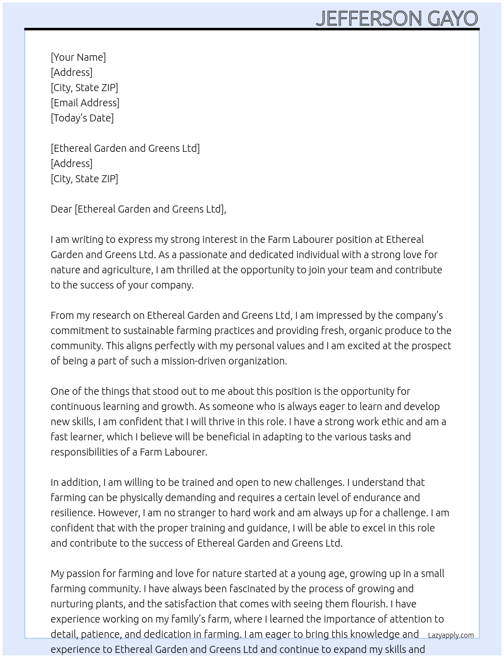 Farm Labourer At Ethereal Garden and Greens Ltd Cover Letter