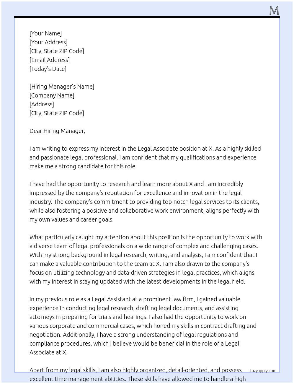 Legal Associate At x Cover Letter