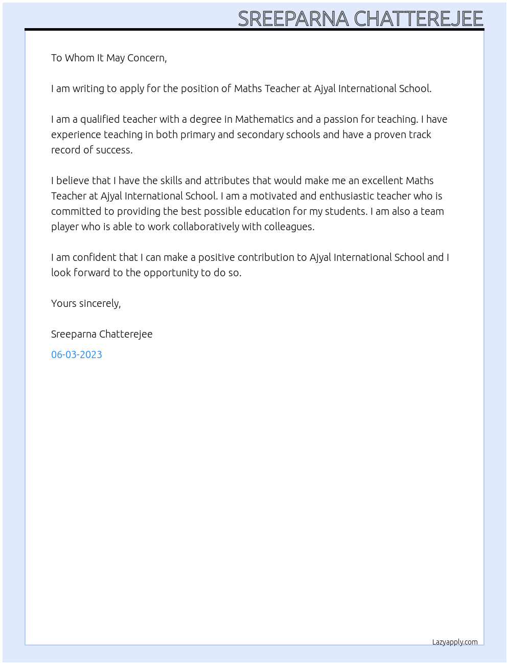 Maths Teacher At Ajyal International School Cover Letter