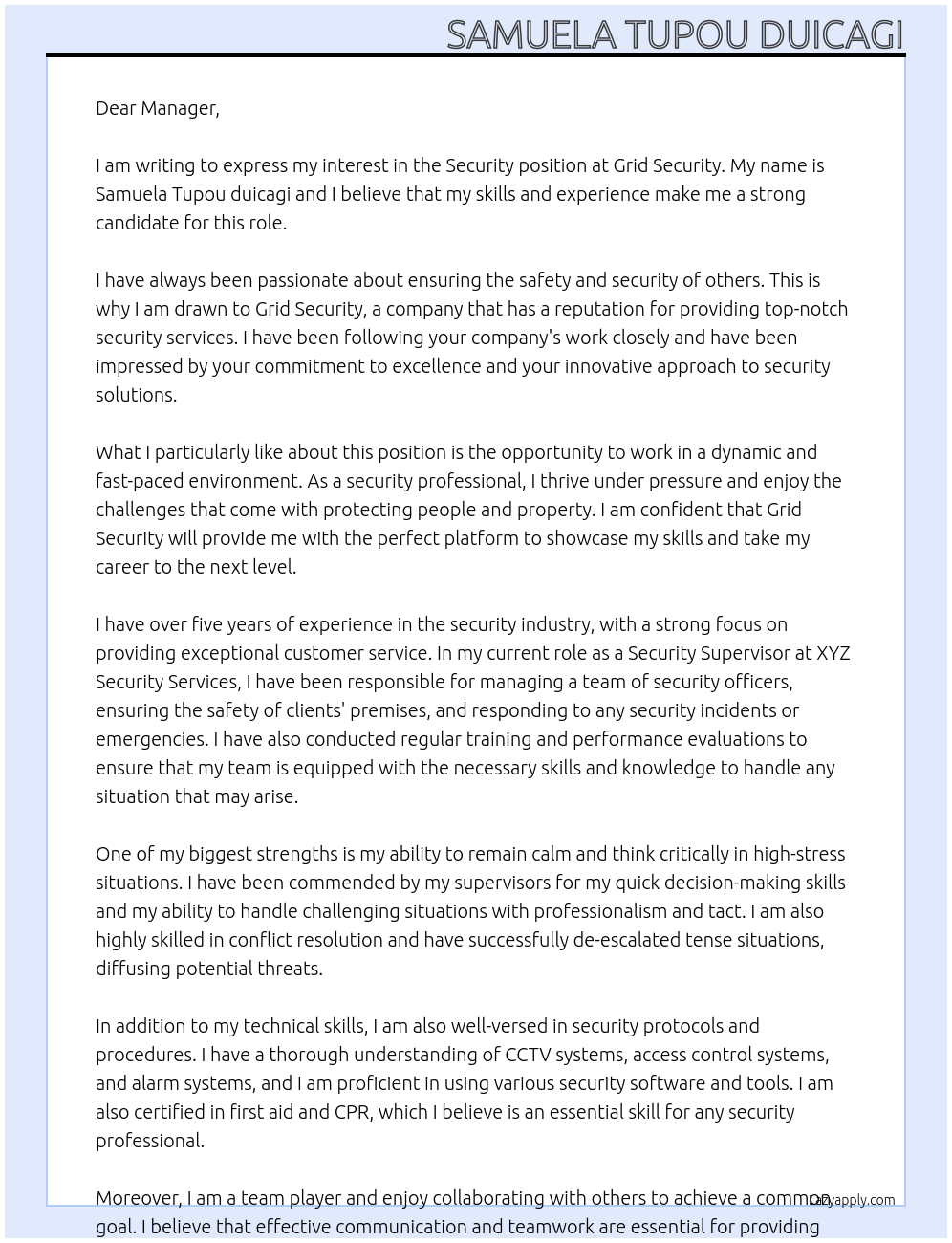 Security  At Grid security  Cover Letter