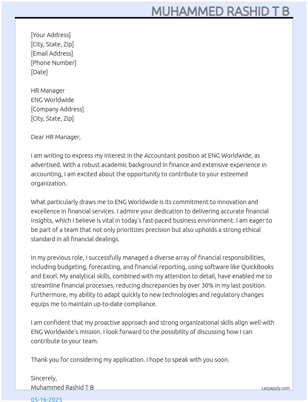 Accountant  At ENG Worldwide Cover Letter