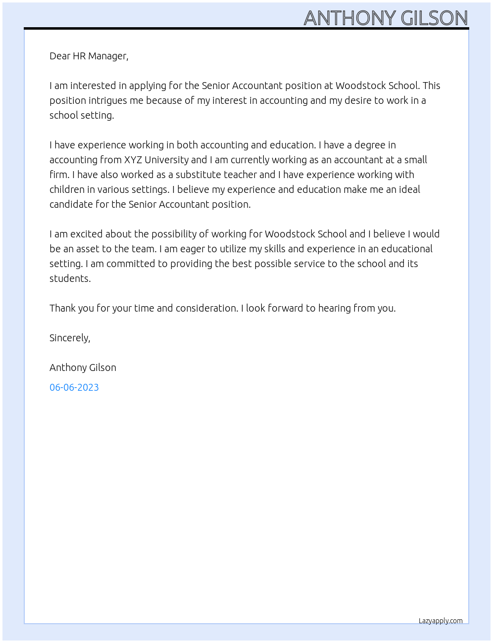 Senior Accountant At Woodstock School Cover Letter