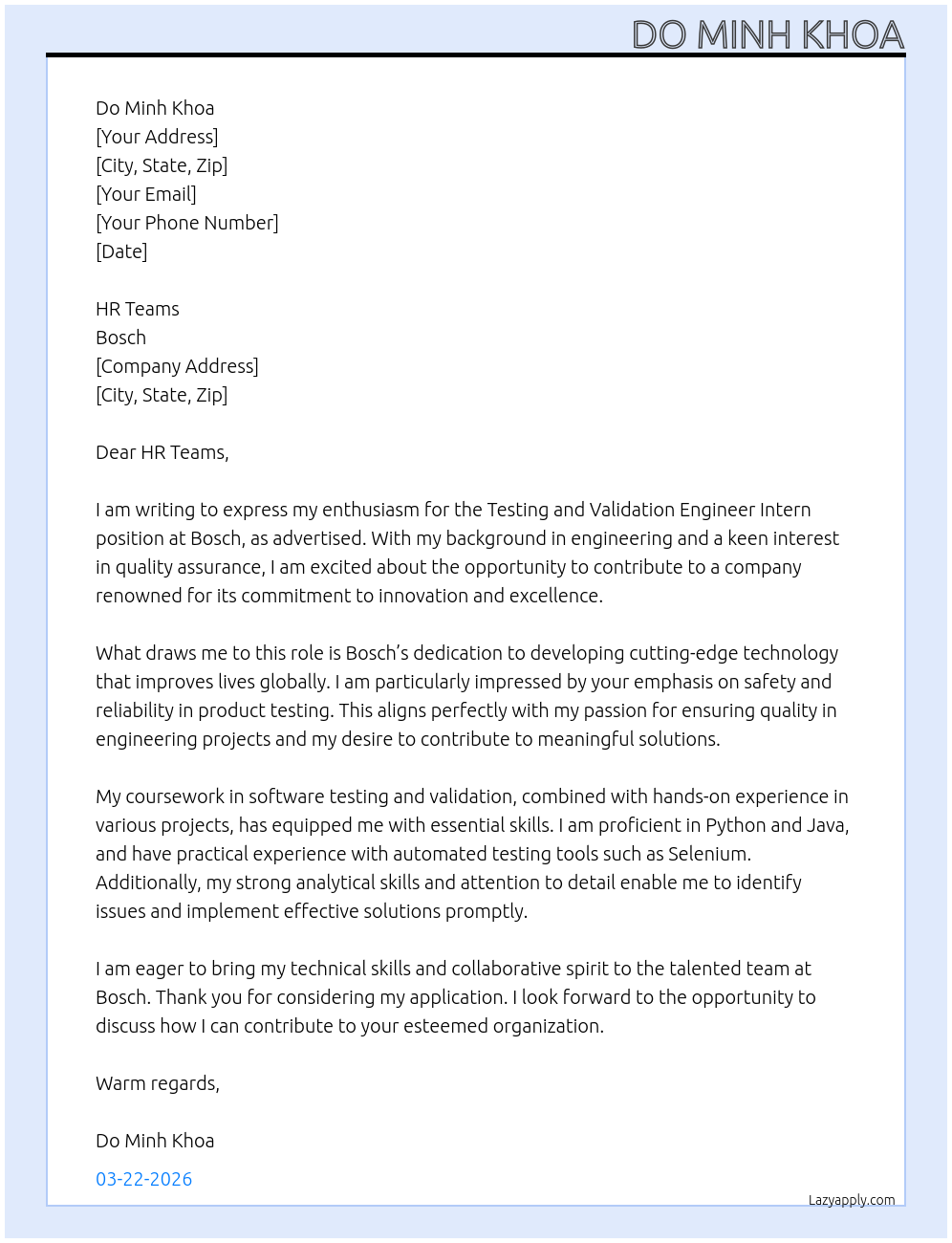 Cover letter for testing and validation engineer intern - LazyApply