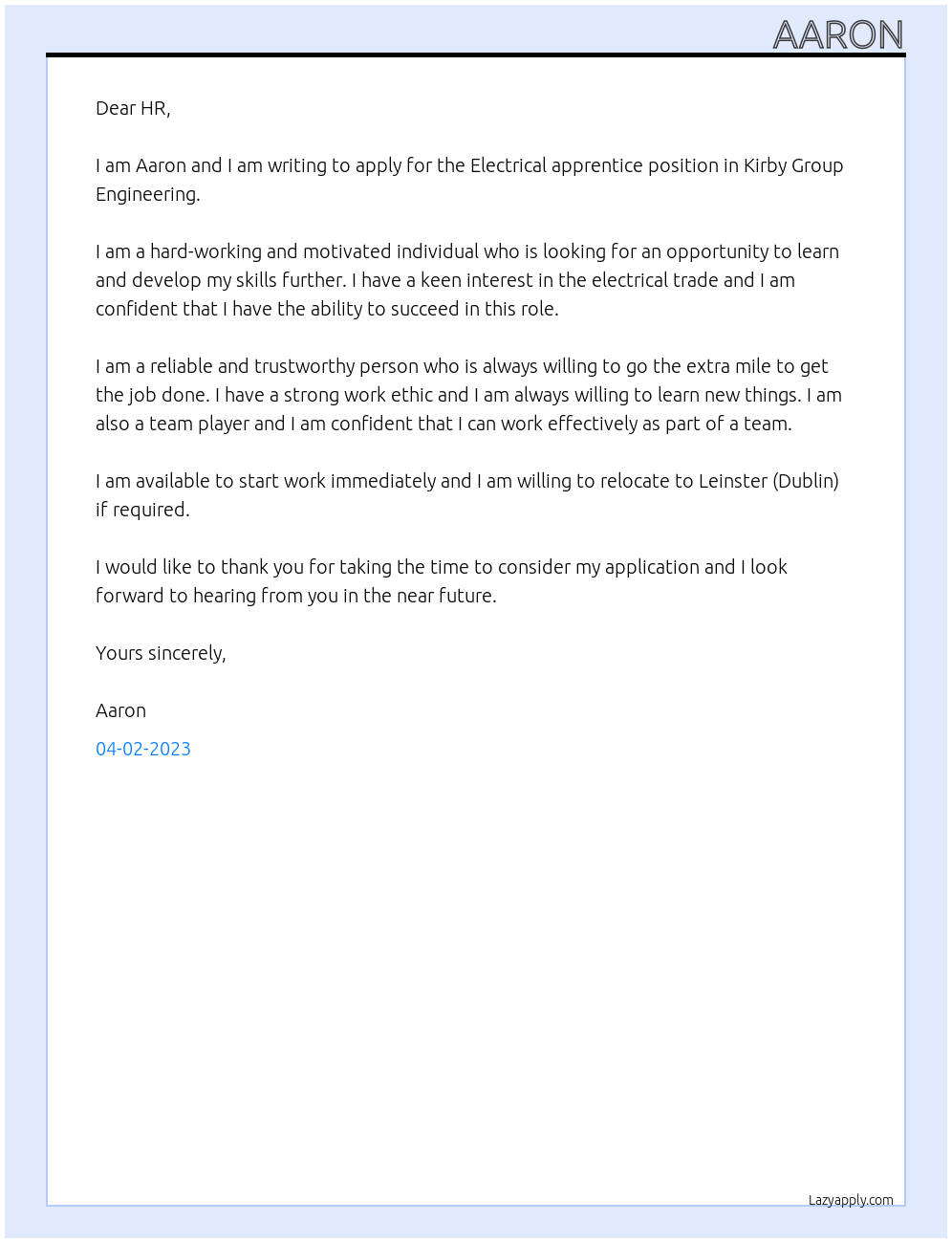 Electrical apprentice  At Kirby Group Engineering  Cover Letter