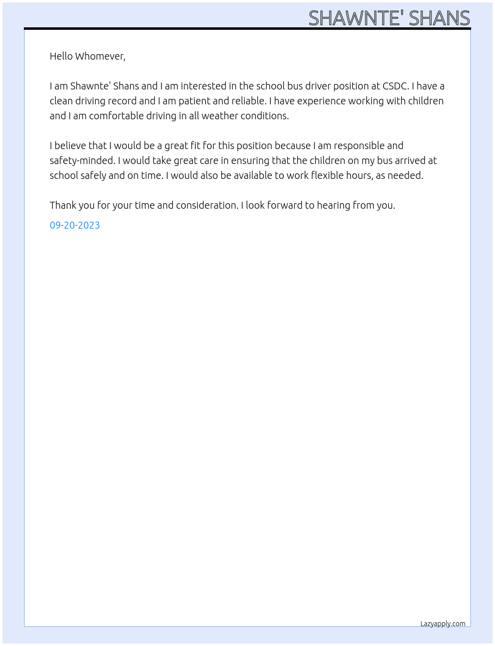 School bus driver At CSDC Cover Letter