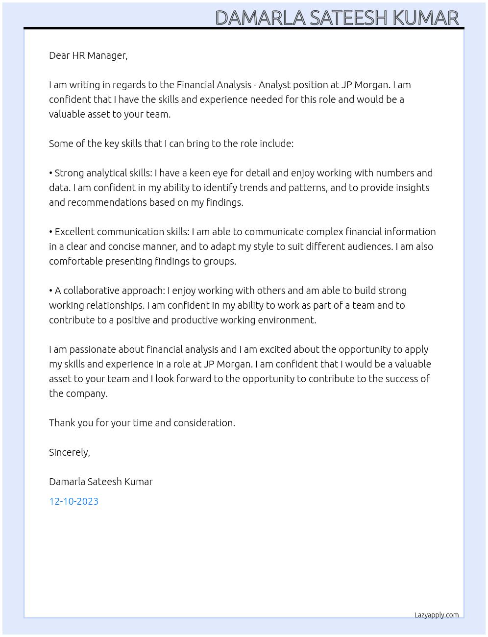 Financial Analysis - Analyst  At JP Morgan  Cover Letter