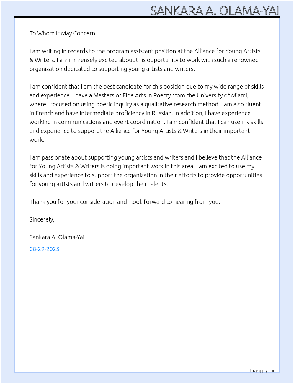 Program Assistant At Alliance for Young Artists & Writers Cover Letter