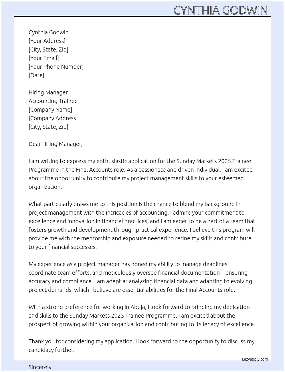 Sunday markets 2025 Trainee programme  At Accounting trainee  Cover Letter