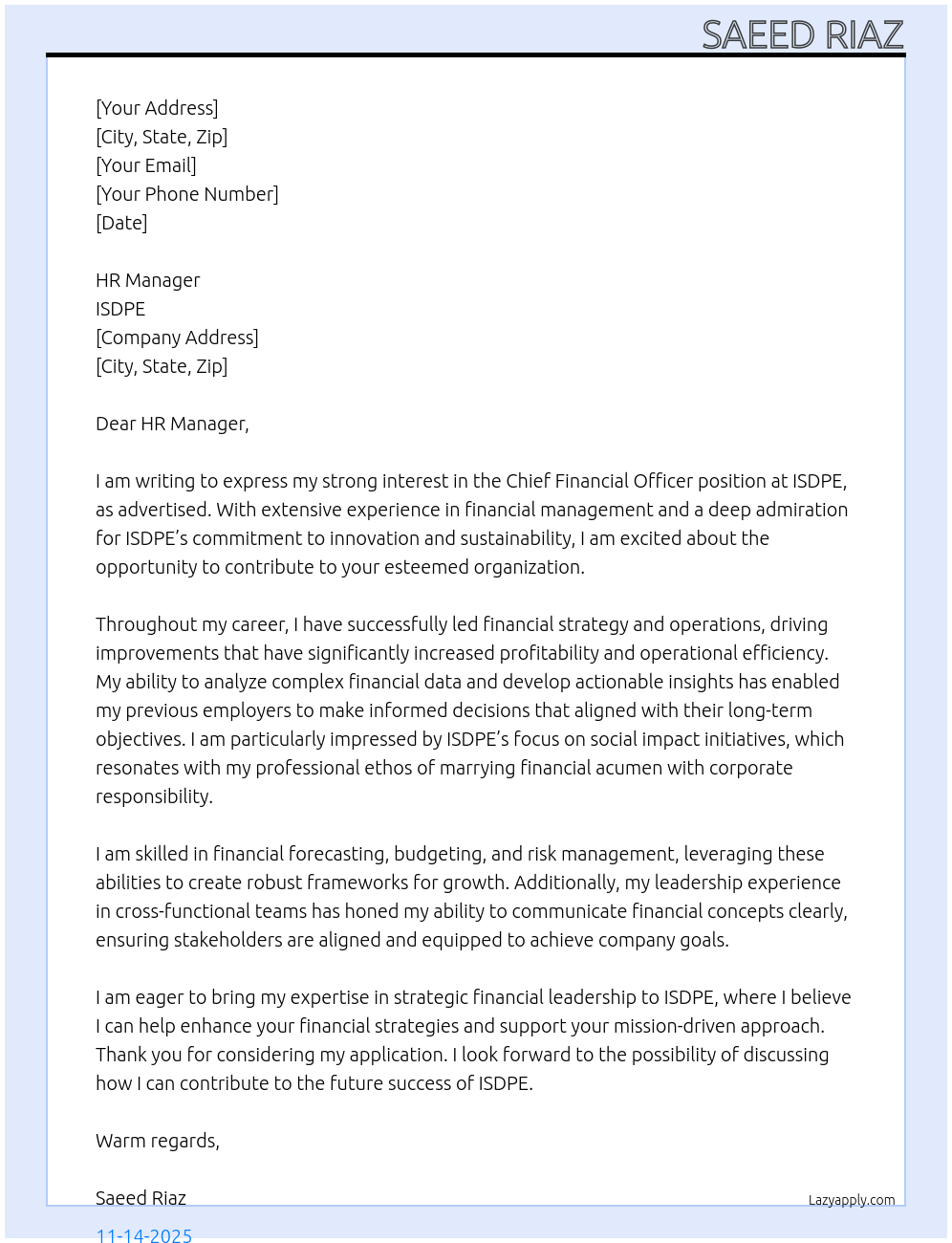 Cover letter for chief financial officer - LazyApply