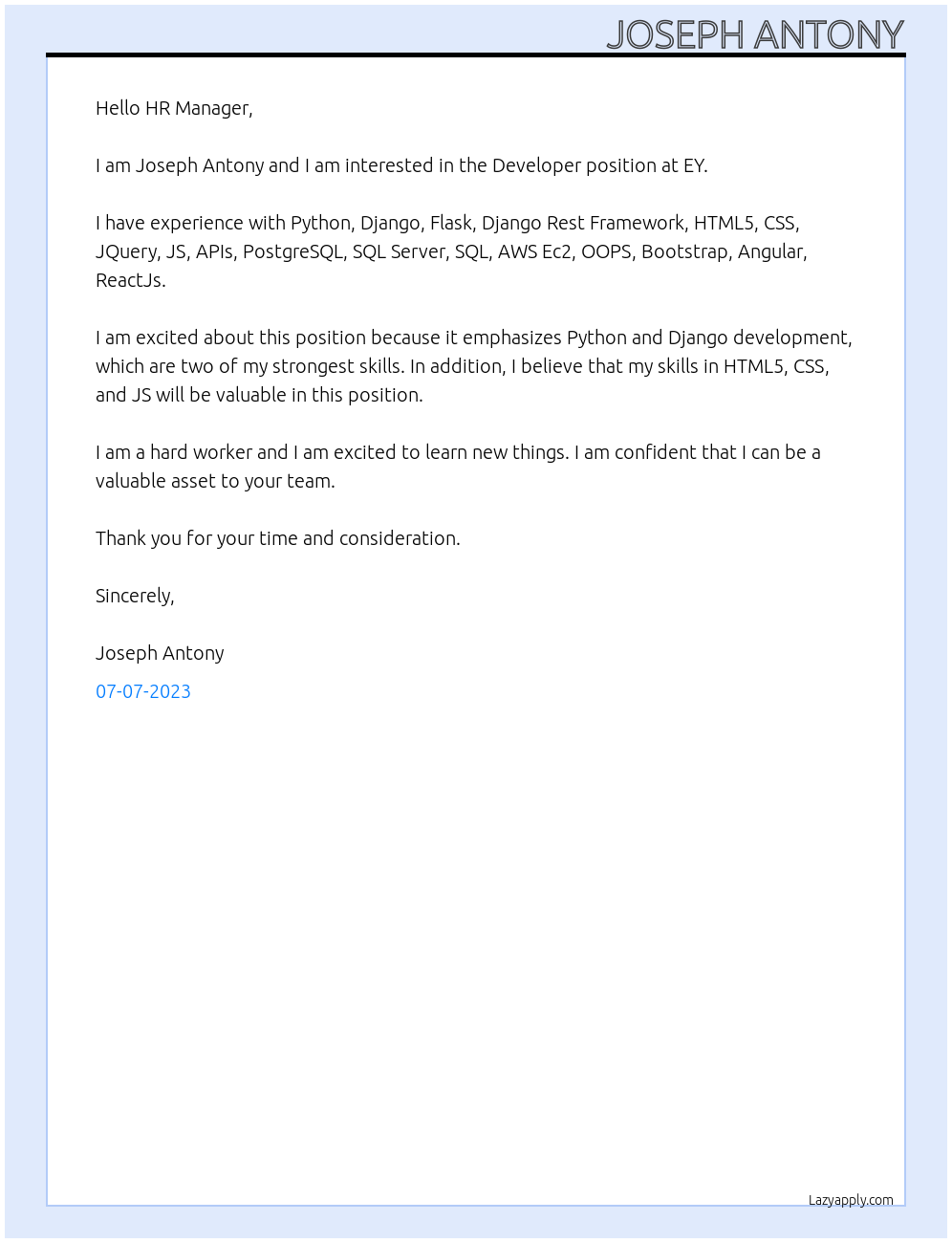 Developer At EY Cover Letter