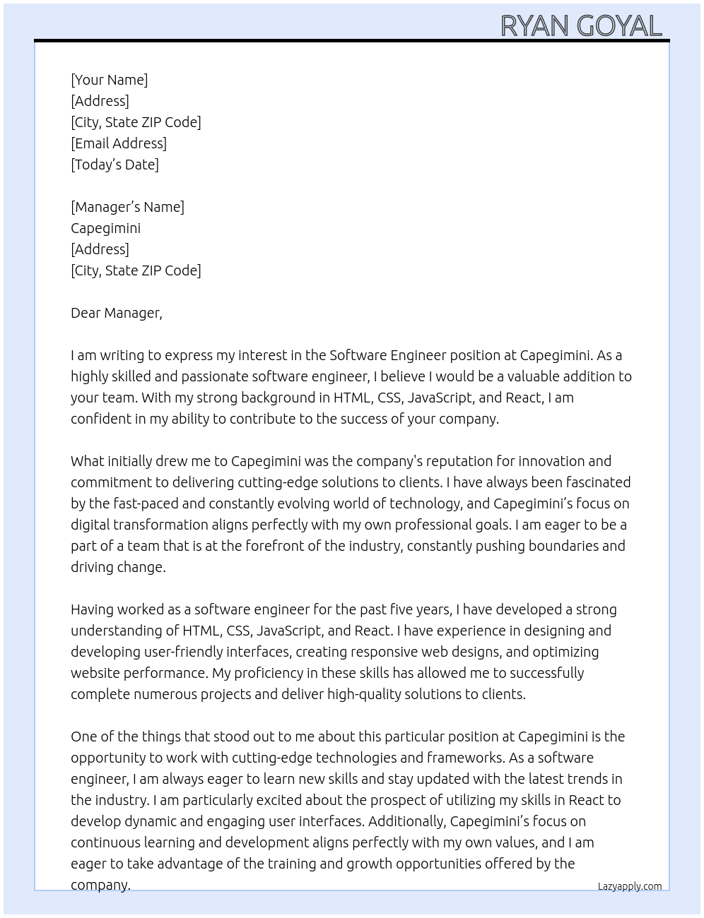 Software Engineer  At Capegimini  Cover Letter