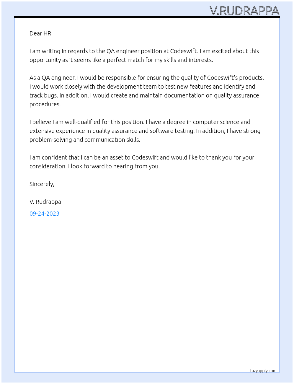 QA engineer At Codeswift Cover Letter