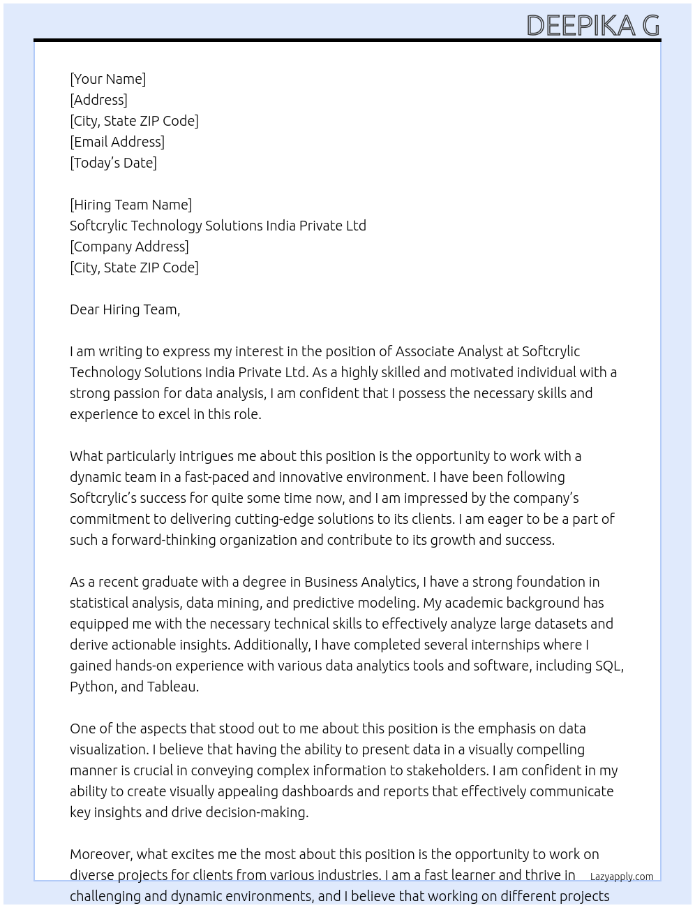 Associate Analyst At Softcrylic technology Solutions India Private ltd Cover Letter