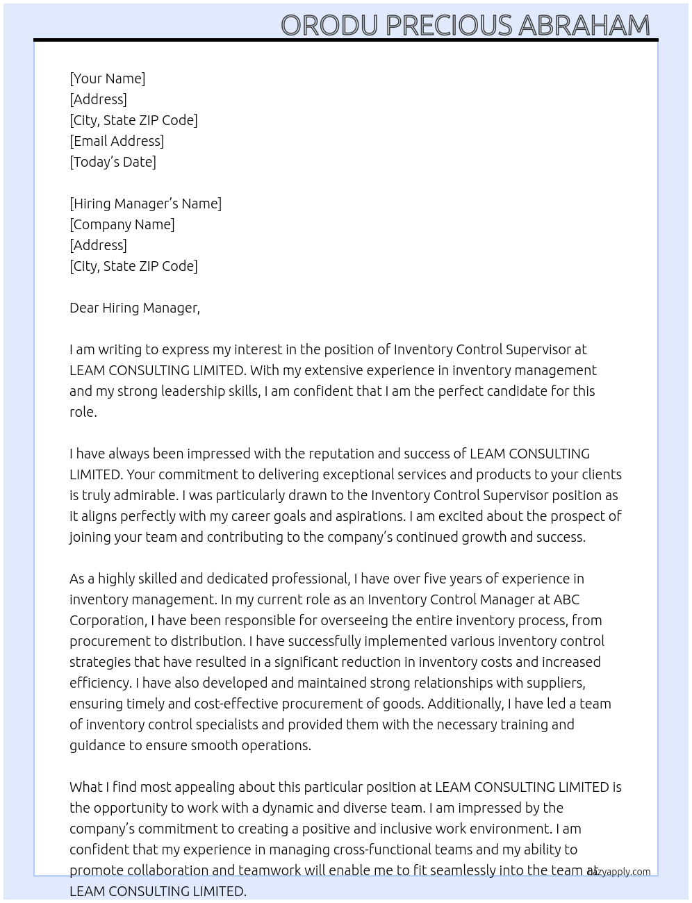 INVENTORY CONTROL SUPERVISOR At LEAM CONSULTING LIMITED Cover Letter