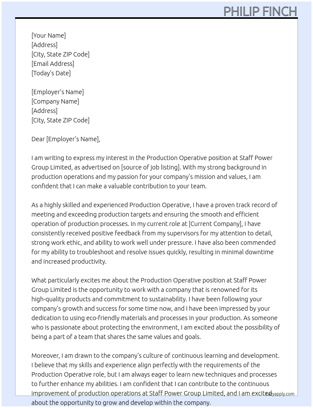 Production Operative At Staff Power Group Limited Cover Letter