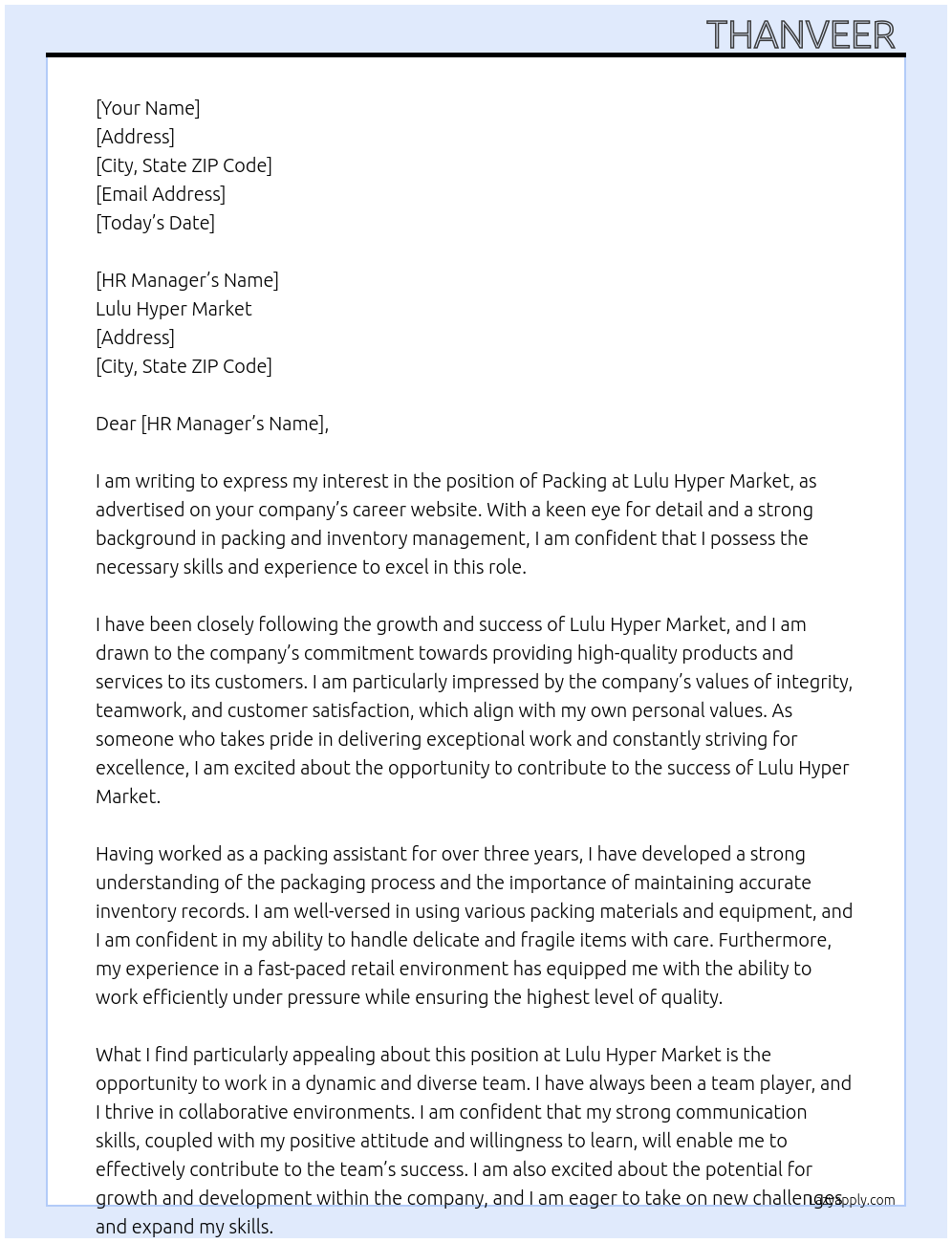 Packing At Lulu hyper market Cover Letter
