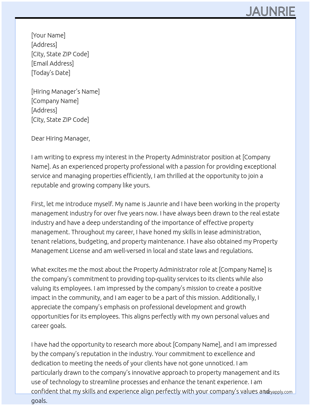 Property Administrator At UK-based Cover Letter