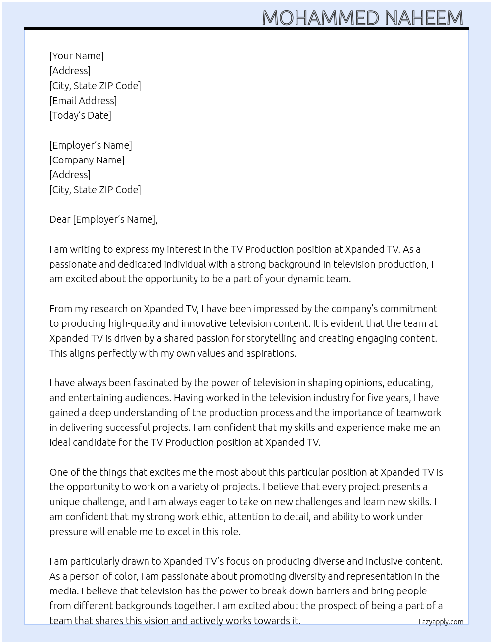 TV Production At Xpanded TV Cover Letter