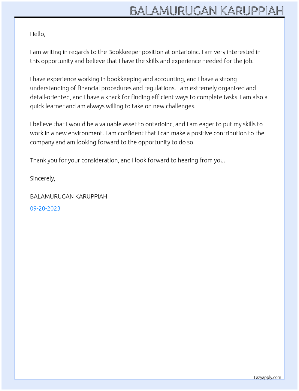 Bookkeeper At ontarioinc Cover Letter